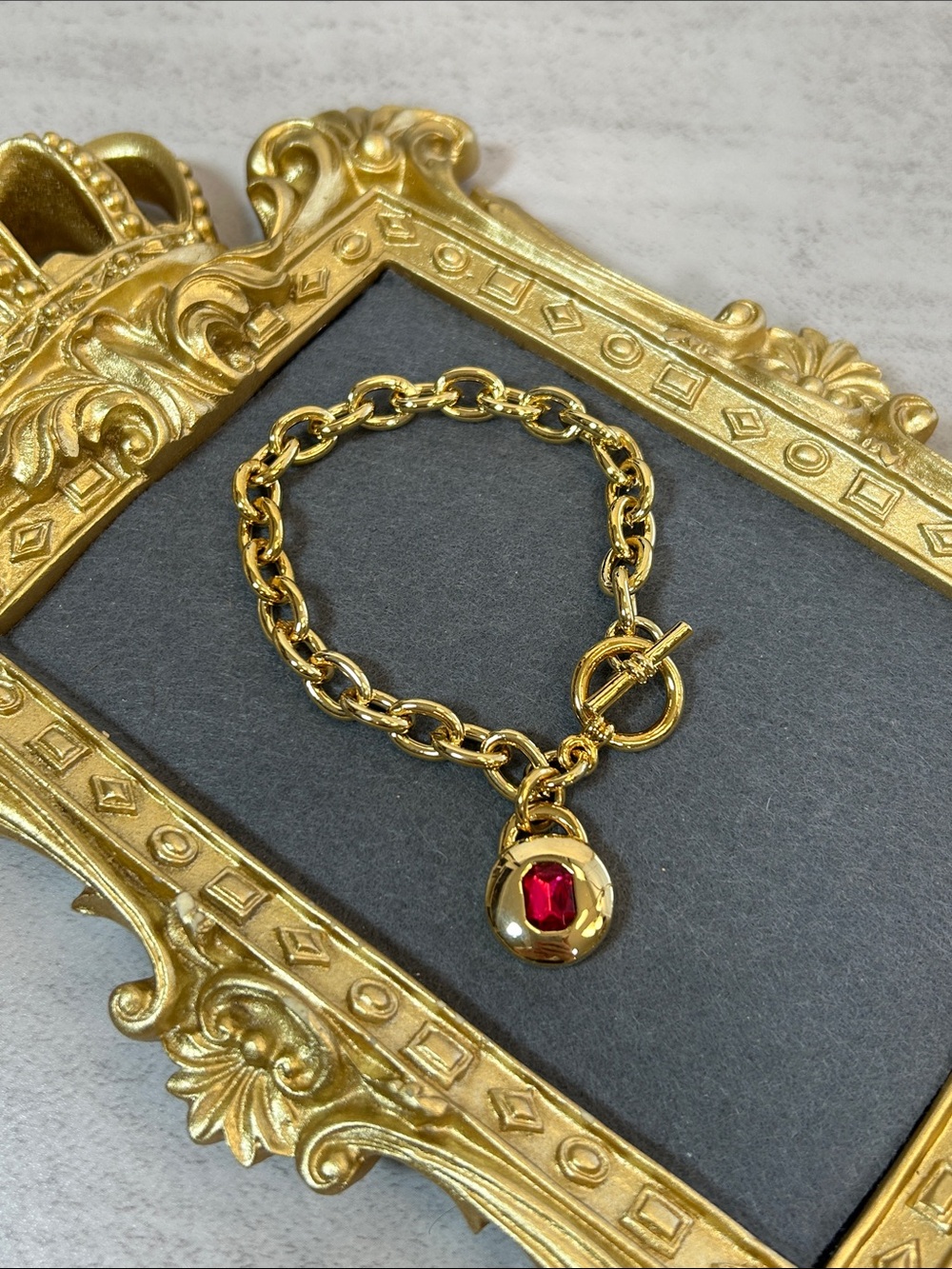Gold Chain Bracelet with Red Gem Charm